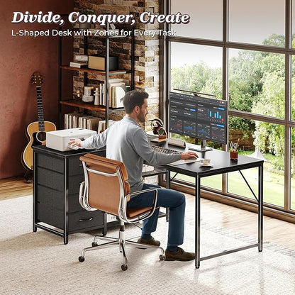 PRAISUN 43.3" Small Computer Desk with Power Outlets and USB-C Port, Reversible L Shaped Corner Office Desk with 4 Fabric Drawers and 2 Height-Adjustable Shelves, for Gaming Writing, Black