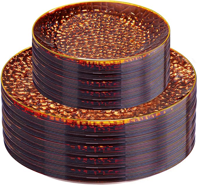 Rubtlamp 60Pcs Amber Plastic Plates - Brown Disposable Plates With Gold Rim, Clear Heavy-duty Party Plates, Hammered Plates Include 30 Dessert Platos, 30 Dinner Platos for Thanksgiving, Christmas