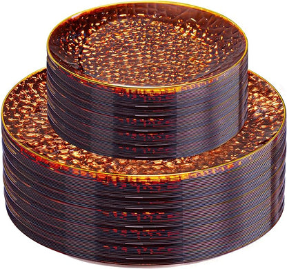 Rubtlamp 60Pcs Amber Plastic Plates - Brown Disposable Plates With Gold Rim, Clear Heavy-duty Party Plates, Hammered Plates Include 30 Dessert Platos, 30 Dinner Platos for Thanksgiving, Christmas
