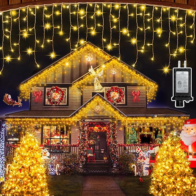 1332 LED 132FT Christmas Lights with 296 Drops, 12 Modes Dimmable Warm white Outdoor Hanging Lights with Timer Memory, Waterproof Curtain Lights for Home Bedroom Indoor Tree Window Roof Fence Wedding