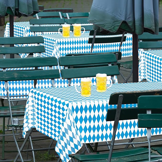 QZYL 6 PCS Oktoberfest Party Supplies, 54 X 108 in Rectangular Plastic Bavarian Blue White Diamond Checks Tablecloth, Disposable Oktoberfest Decorations, Tablecloth for Wonderland Picnic Beer Party