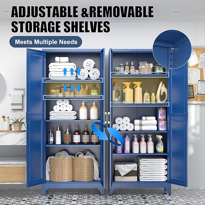 Kitchen Pantry Storage Cabinets, 75" Tall Metal Storage Cabinet with Doors and 4 Shelves, Blue Pantry Cabinet, Utility Kitchen Cupboard, Large Steel Cabinets for Dining, Office, Living Room