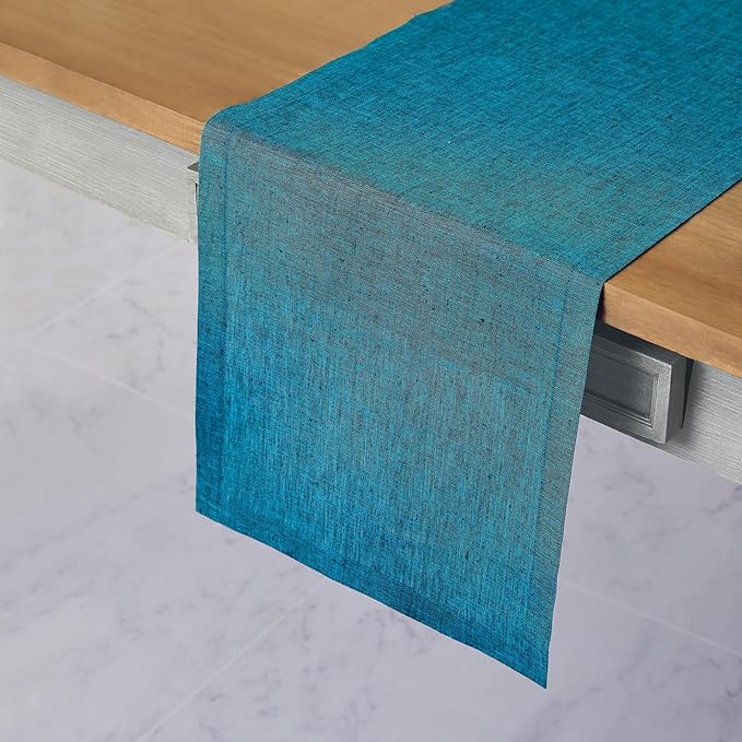 Solino Home Linen Table Runner 90 Inches Long - Athena, 100% Pure Linen Chambray Teal Table Runner 14 x 90 Inch for Dining, Fall, Autumn