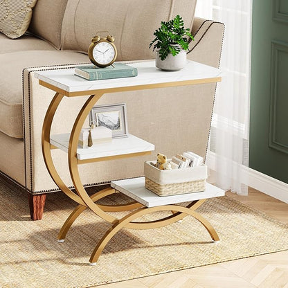Tribesigns C-Shaped End Table, Industrial 3-Tier Small Side Table for Couch, Wood Bedside Table Snack Side Table with Storage Shelves for Living Room Small Space, White Gold
