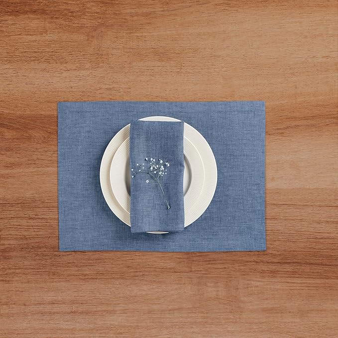 Solino Home Linen Cloth Placemats Set of 4-100% Pure Linen Blue Denim Placemats 14 x 19 Inch for Thanksgiving - Athena