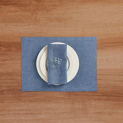 Solino Home Linen Cloth Placemats Set of 4-100% Pure Linen Blue Denim Placemats 14 x 19 Inch for Thanksgiving - Athena