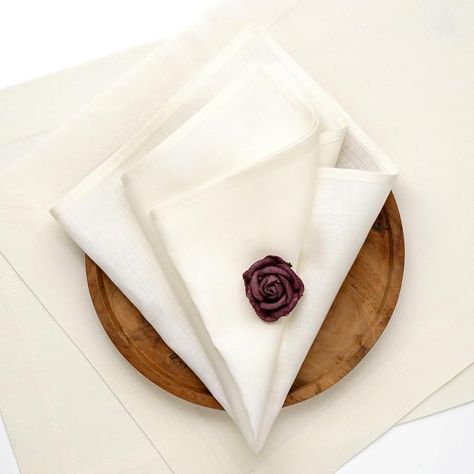 D'Moksha Homes Ivory Linen Napkins 18 x 18 Inch - 100% Pure Linen Cloth Washable Dinner Napkins Set of 8 for Winter, Christmas, Holiday