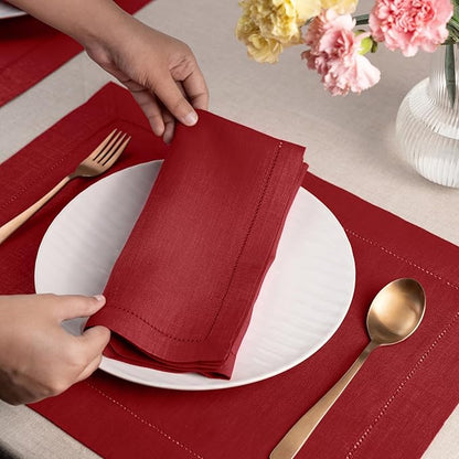 D'Moksha Homes Red Linen Napkins Set of 4 - Classic Hemstitch 100% Pure Linen Hemstitch Dinner Napkins 20 x 20 Inch for Winter, Christmas, Holiday - Handcrafted and Machine Washable