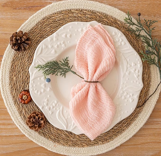 Cheesecloth Napkins 17x17 Inches Cloth Handmade Washable Reusable for Mothers Day Lunch Dinner Wedding Baby Bridal Shower Party Rustic Boho Decorations Bulk Set of 6 Pink