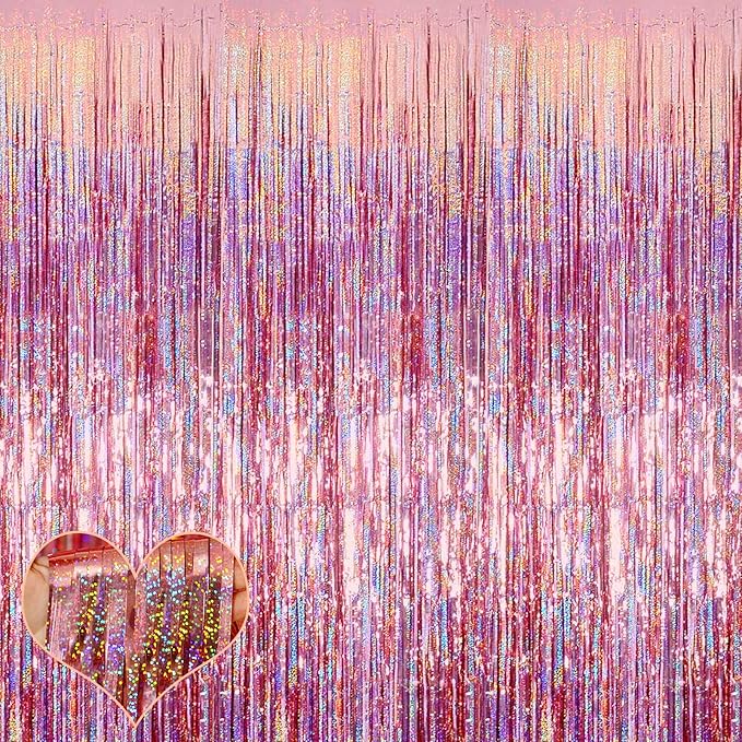 4 Pack Rose Gold Fringe Curtain Backdrop, 3.2Ft x 8.2Ft Sparkle Metallic Tinsel Foil Fringe Streamers Background for Photo Booth Birthday Wedding Baby Shower Party Thanksgiving Christmas Decorations