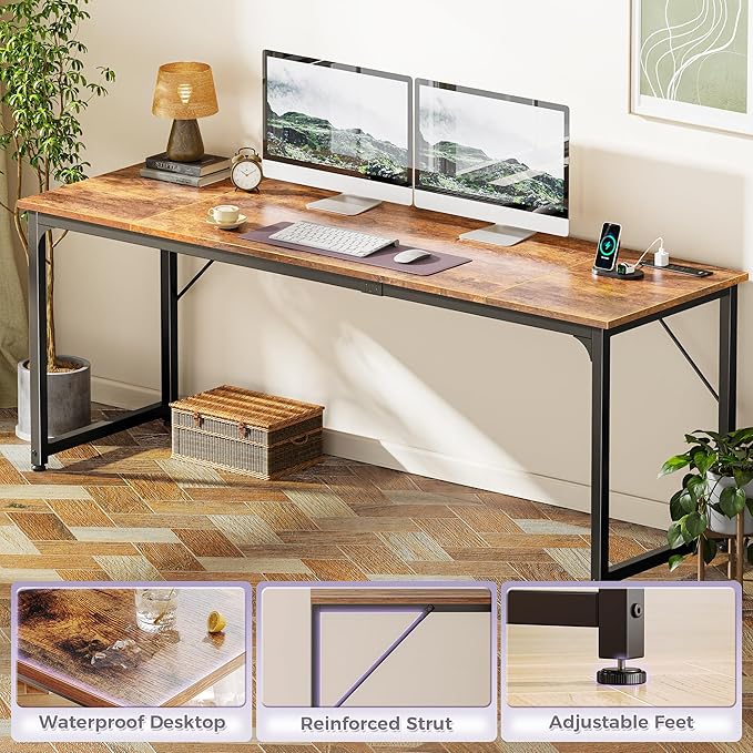 PRAISUN 80 X 24 Inch Office Computer Desk with Power Outlets and USB-C Port, Larger and Longer Gaming Desk, for Home Office, Study, Writing Work from Home Table, Metal Frame, Rustic Brown