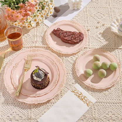 350 PCS Pink Disposable Plates, Elegant Dinnerware Set for 50 Guests, 100 Plastic Plates, 150 Silverware, 50 Cups & 50 Paper Napkins, Pink
