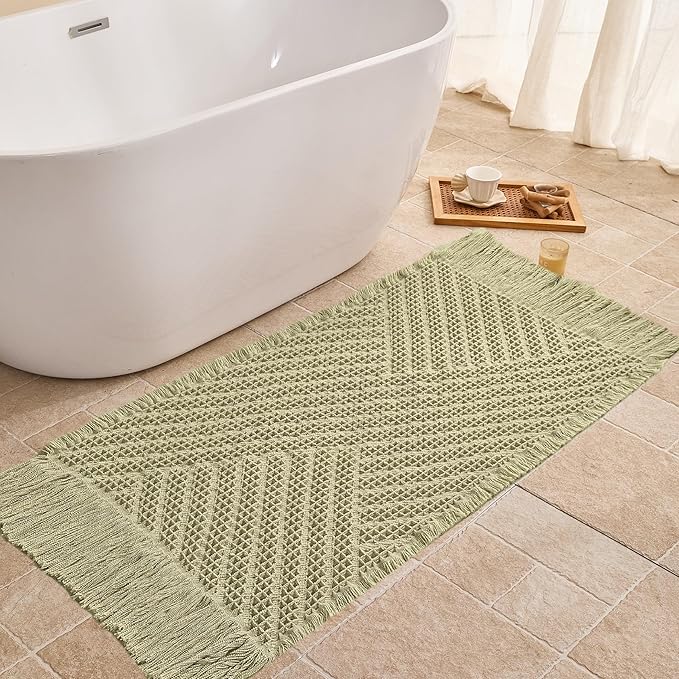 Waffle Bath Mat Non Slip, Boho Runner Rug, Super Absorbent Quick Dry Long Bath Runner Bathroom, Soft Farmhouse Bath Rug with Tassels, Washable Shower Mats for Floor 24"x48", Tassels Sage Green