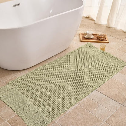 Waffle Bath Mat Non Slip, Boho Runner Rug, Super Absorbent Quick Dry Long Bath Runner Bathroom, Soft Farmhouse Bath Rug with Tassels, Washable Shower Mats for Floor 24"x48", Tassels Sage Green