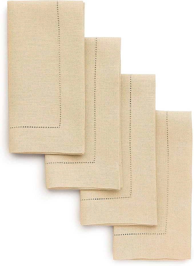 Solino Home Linen Napkins Set of 4 - Classic Hemstitch 100% Pure Linen Beige Dinner Napkins Cloth 20 x 20 Inch for Fall, Autumn, Christmas, New Year - Handcrafted and Machine Washable
