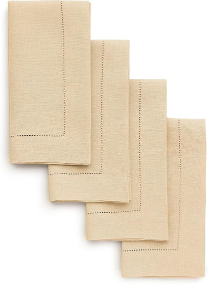 Solino Home Linen Napkins Set of 4 - Classic Hemstitch 100% Pure Linen Beige Dinner Napkins Cloth 20 x 20 Inch for Fall, Autumn, Christmas, New Year - Handcrafted and Machine Washable