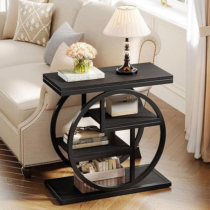 Tribesigns Black End Table for Living Room, 4-Tier Narrow Side Table with Storage Shelves, Modern Bedside Table for Bedroom, Wood Small Sofa Side Table with Geometric Metal Frame (1 PC, Black)