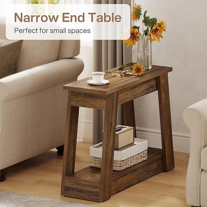 Tribesigns Wood End Table, Small Side Table with 2 Storage Shelves, Rustic Accent Narrow Nightstand for Living Room, Bedroom (1, Rustic Brown)