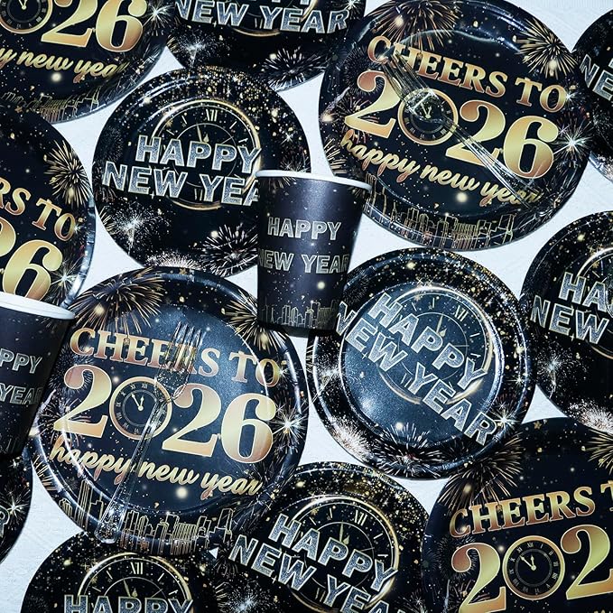 New Year Party Supplies Serves 20, Cheers to 2026 New Year Decorations Napkins and Plates Set, Disposable Paper Plates, Cups, Napkins Tableware Set for Party
