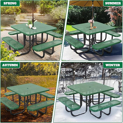 47'' Heavy-Duty Metal Picnic Tables with Umbrella Hole, Outdoor Steel Heavy Duty Commercial Grade Black Table, Outdoor Bench Set for Lawn, Patio, Park, Yard, Garden, Porch (Set C, Square)