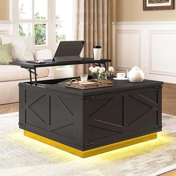Farmhouse Lift Top Coffee Table, Square Wood Center Table with LED Lighting, USB-C Charging Station, and Hidden Storage Compartment - Rustic Black Living Room Furniture