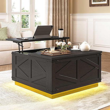 Farmhouse Lift Top Coffee Table, Square Wood Center Table with LED Lighting, USB-C Charging Station, and Hidden Storage Compartment - Rustic Black Living Room Furniture