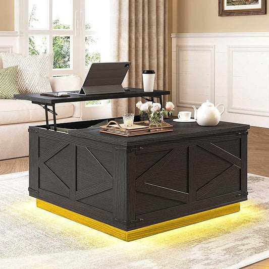 Farmhouse Lift Top Coffee Table, Square Wood Center Table with LED Lighting, USB-C Charging Station, and Hidden Storage Compartment - Rustic Black Living Room Furniture