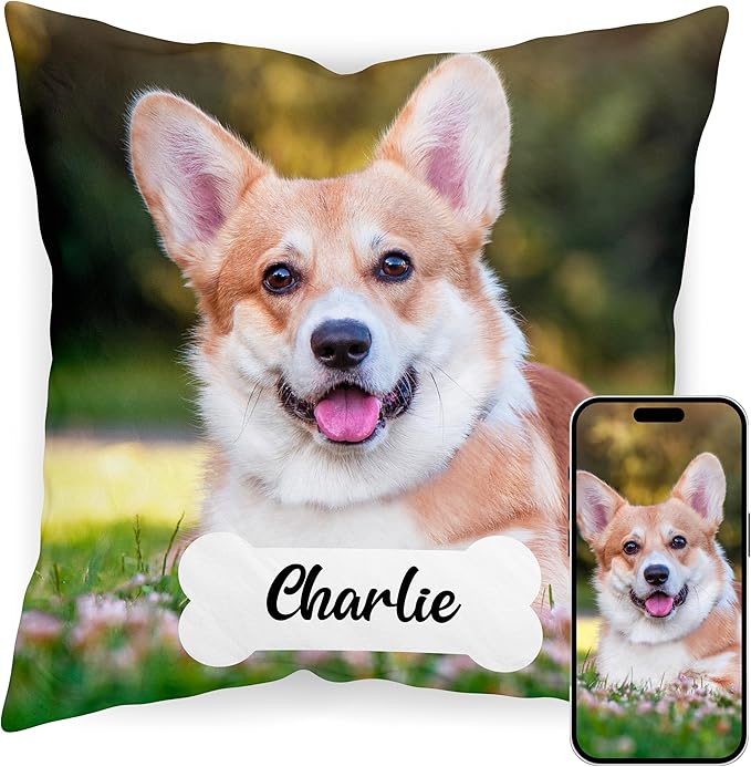 Custom Pet Photo Pillow Cover 16x16 Inch – Personalized Dog or Cat Pillow with Name in Bone Shape, Pet Picture Cushion, Custom Throw Pillowcase, Gift for Dog Lovers, Pet Owners, Animal Lovers