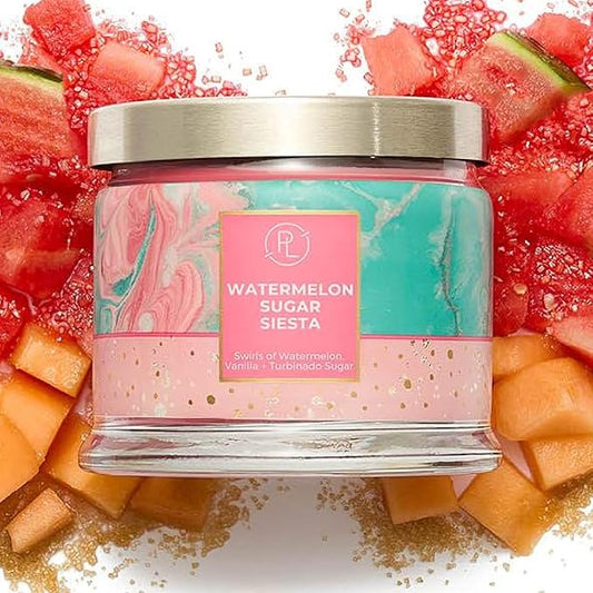 PartyLite 3-Wick Jar Candle, Highly Fragranced Clean Burning Glass Candle, 25-45 Hours Burn Time (Watermelon Sugar Siesta)