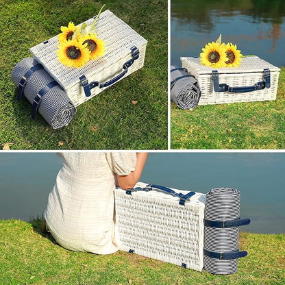 Picnic Basket for 4 Persons with Waterproof Picnic Blanket and Insulated Cooler, Large Wicker Picnic Basket for Camping, Outdoors, Valentine's Day, Christmas, Birthday, Wedding Gift
