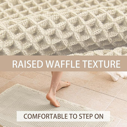 Waffle Bath Mat Non Slip, Boho Bathroom Rug, Super Absorbent Quick Dry Bathroom Mat, Soft Farmhouse Bath Rug with Tassels, Small Washable Shower Mats for Floor 20"x32", Tassels Cream