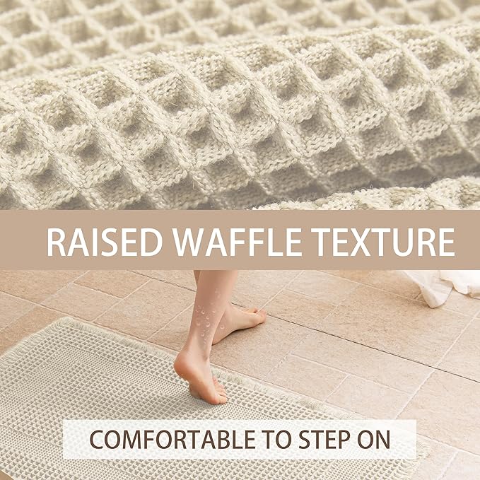 Waffle Bath Mat Non Slip, Boho Bathroom Rug, Super Absorbent Quick Dry Bathroom Mat, Soft Farmhouse Bath Rug with Tassels, Small Washable Shower Mats for Floor 24"x36", Square Cream