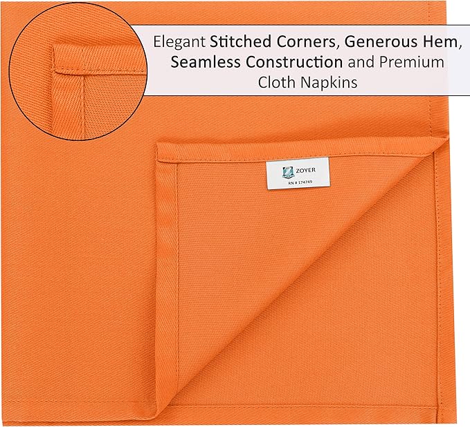 Zoyer Cloth Napkins Set of 12, 18x18 Inches Cotton Enrich Napkins Cloth ‎Washable, Soft & Durable Dinner Napkins for Parties, Wedding, Christmas, ‎Thanksgiving & Everyday Use - Orange