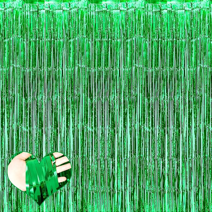 4 Pack Green Fringe Curtain Backdrop, 3.2Ft x 8.2Ft Metallic Tinsel Foil Fringe Streamers Background for Photo Booth Birthday Wedding Baby Shower Carnival Easter Mother’s Day Party Decorations