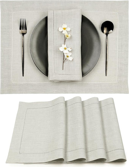 D'Moksha Homes Silver Grey Linen Cloth Placemats Set of 4-100% Pure Linen Hemstitch Placemats 14 x 19 Inch - Classic Hemstitch Table Place Mats for Christmas - Handcrafted and Machine Washable