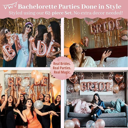 VIDAL CRAFTS 62-Piece Rose Gold Bridal Shower Decorations – Bachelorette Party Decor with Confetti Balloons, Bride-to-Be Banner, Bridal Veil, Fringe Curtains, Bride Sash & Fun Photo Props [UPGRADED]