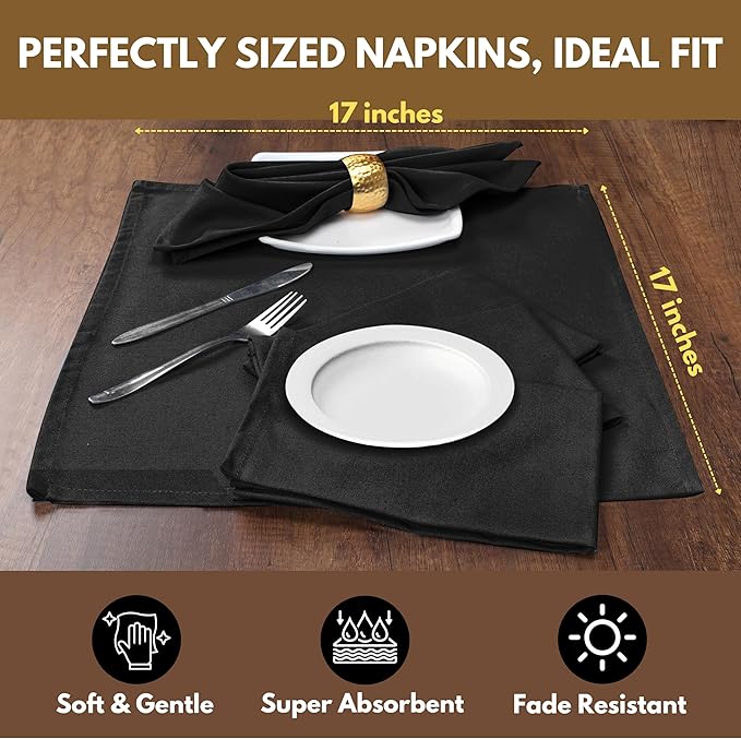 Native Fab Black Cloth Napkins, Set of 4, 17x17 inches, 100% Cotton, Washable, Reusable Fabric Linen, Table Decor Napkins for Dinner, Events, Parties, Wedding - Black
