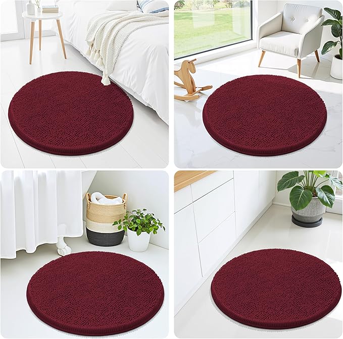 Smiry Luxury Chenille Round 24x24, Extra Soft and Absorbent Shaggy Bathroom Mat Rugs, Machine Washable, Non-Slip Plush Carpet for Tub, Shower, and Bath Room, Burgundy