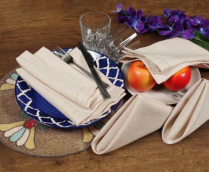 Natural Color Blend Cotton Linen Napkins Set of 12 - Hemstitched 18x18 Inch Decorative Elegant Soft Washable Reusable Flax Dinner Napkin for Dining Table Décor Weddings Party Christmas & Everyday Use