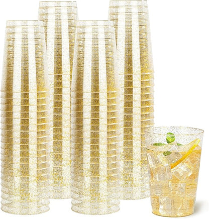 I00000 50 Pack 12 oz Gold Glitter Plastic Cups, Clear Disposable Cups, Disposable Plastic Wine Glasses Cocktail Glasses Premium Cups, 12 Ounce Glitter Tumblers for Party & Wedding