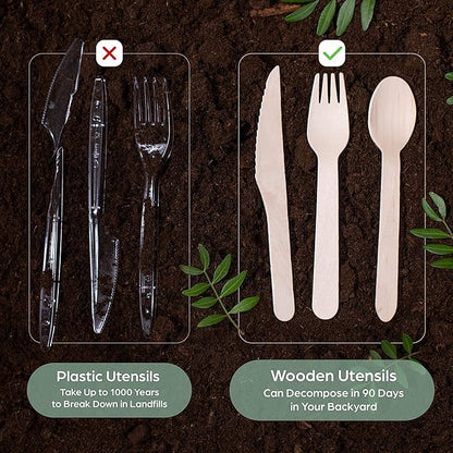 PURPLECLAY Disposable Wooden Utensils 300 PCS (100 Sets) Cutlery Wrapped with Fork, Spoon, Knife, Napkin