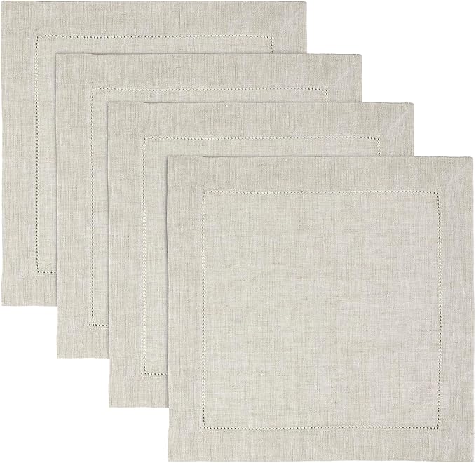 Solino Home Linen Square Placemats Set of 4-100% Pure Linen Light Natural Cloth Placemats 14 x 14 Inch - Classic Hemstitch, Machine Washable Place Mats for Fall, Autumn