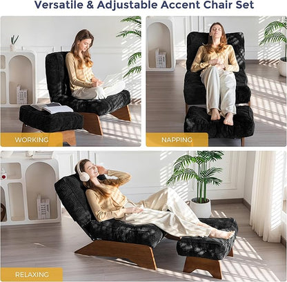 MAXYOYO Accent Chair with Ottoman Adjustable Backrest, Tufted Living Room Chair Upholstered Lounge Chair with Footrest Set, Modern Chair Cozy Reclining for Reading Room, Black
