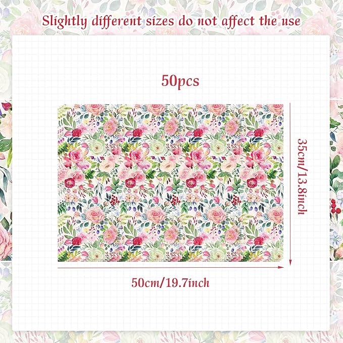 50 Sheets Floral Tissue Paper Wildflower Party Gift Wrapping Paper Flowers Packaging Patterned Tissue Papers for Flower Bridal Shower Wedding Birthday Party Decor