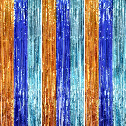 3 Pack 3.3 x 8.2 ft Blue Orange Foil Fringe Backdrop Curtains, Tinsel Streamers Party Decorations, Fringe Backdrop, Door Shimmer for Birthday Party