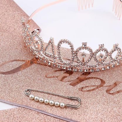 CIEHER 40th Birthday Crown + Sash + Pearl Pin Set for Women, Tiara, Gifts for Friends, Party Decorations & Favors