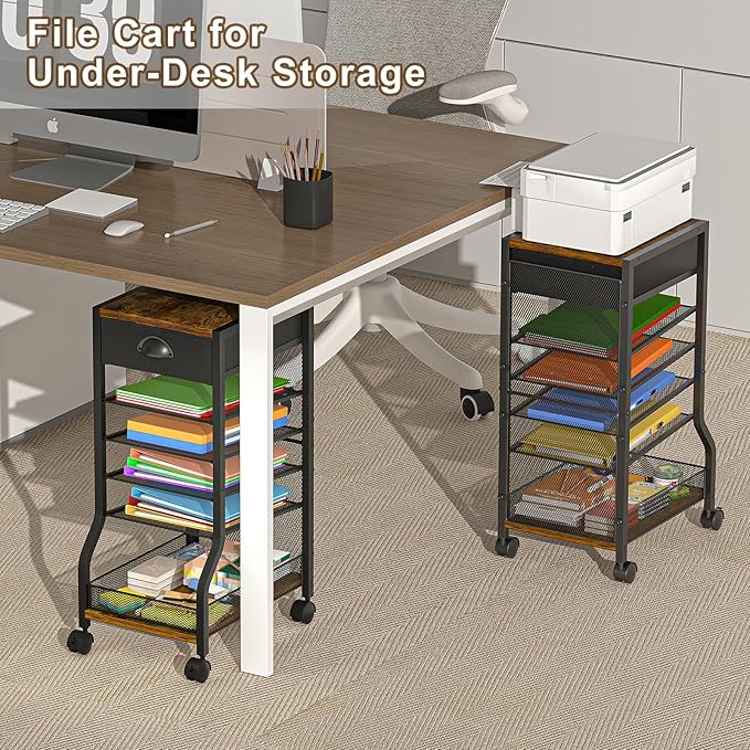 keomaisyto 6-Tier Rolling File Cart with Drawer, Under Desk Storage with Paper Letter Sliding Trays, Standing File Organizer with Wheels, Slim Workspace Organizers for Office/Home/School/Study