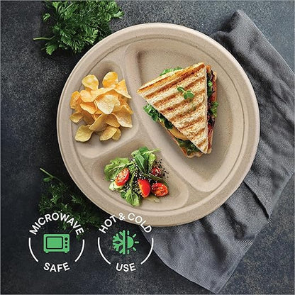 100% Compostable Paper Plates 9 Inch Bulk [500 Count] Heavy-Duty Dinner Plates with Compartments - Natural Brown Color Bagasse - Eco-Friendly Disposable Biodegradable Sugarcane - [Case 4/125 Pack]
