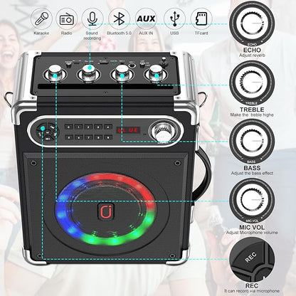 Bluetooth Speaker with Two Wireless Microphones, Outdoor Speaker with Subwoofer/Tweeter, Portable PA Speaker System with Remote Control, Discol Lights, FM, REC for Home, Party
