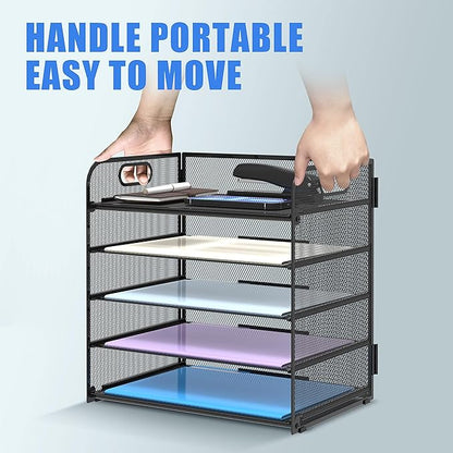 Supeasy 2 Pack 5-Tier Desk Organizer with Handle Mesh Desk File/Paper Organizer Letter Tray for Office, School and Home Easy Installation, Black